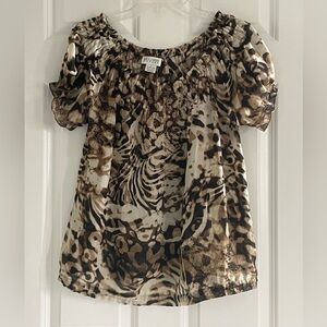 Allison Taylor Babydoll Top Blouse Large Animal Print Chiffon Boho Y2K SS